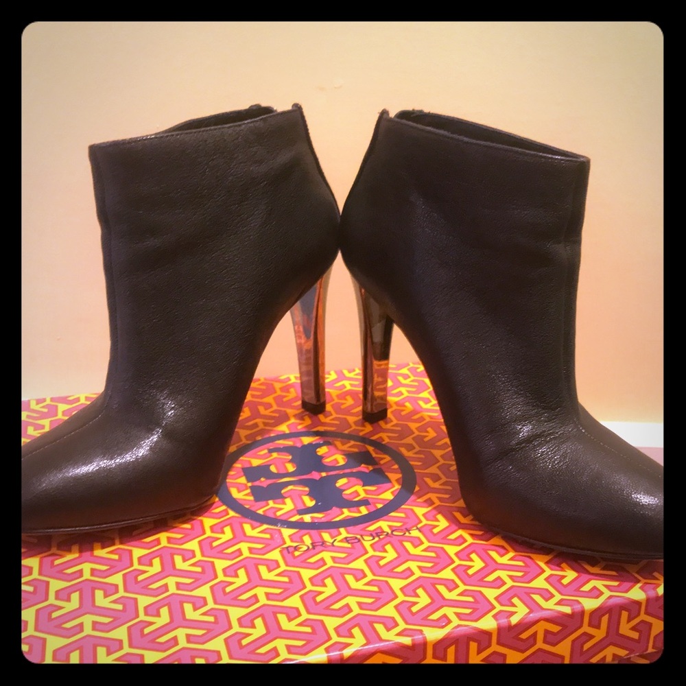 Tory Burch black leather booties with silver heel